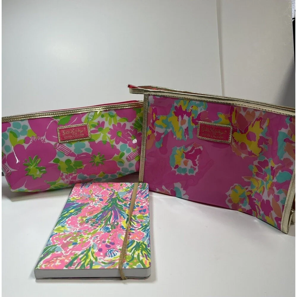 Lilly Pulitzer Bundle Lot Of 2 Vinyl Estee Lauder Zip Bags & Notebook